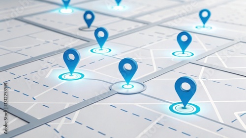 Digital Navigation: A grid of a map is adorned with several location pins, each emitting a soft, glowing light. This image represents the essence of navigation, location, and the digital world.