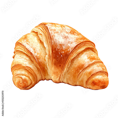 Croissant Perfection: A watercolor painting showcases a golden, flaky croissant, ready to be savored, highlighting the artistry of baking and the simple pleasures of culinary delight.