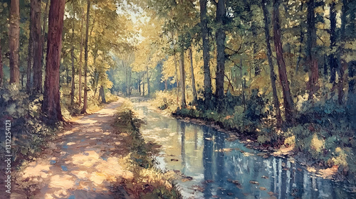 Serene Summer Canal Path A Sun-Dappled Woodland Scene