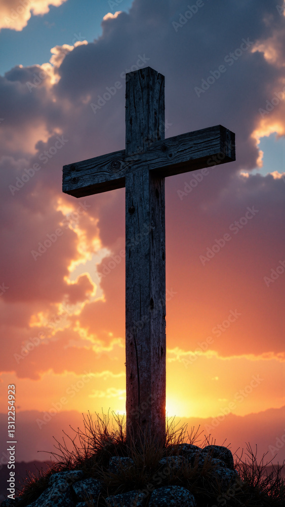 A Solitary Cross Silhouetted Against a Dramatic Dusk Sky, Perfect for Religious Publications and Inspirational Posters A Solitary Cross Silhouetted Against a Dramatic Dusk Sky, Perfect for Religious Publications and Inspirational Posters