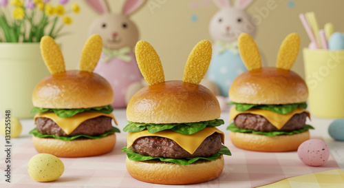 Três Deliciosos cheeseburgers suculentos com carne, queijo derretido, tomate e alface em um pão de gergelim com orelha de coelho