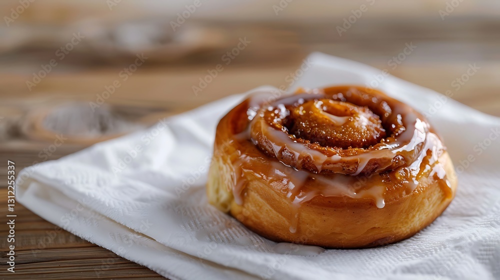 A perfect cinnamon roll with a light glaze, placed on a white napkin, 35mm, f22, cinematic, wide angle lens. before A perfect cinnamon roll with a light glaze, placed on a white napkin, 35mm, f22, cinematic, wide angle lens. before