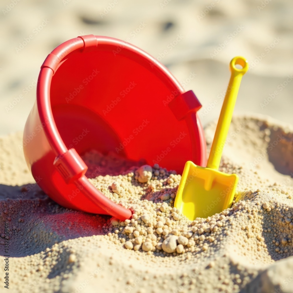 Red plastic beach bucket and yellow shovel in sand, play, sun Red plastic beach bucket and yellow shovel in sand, play, sun