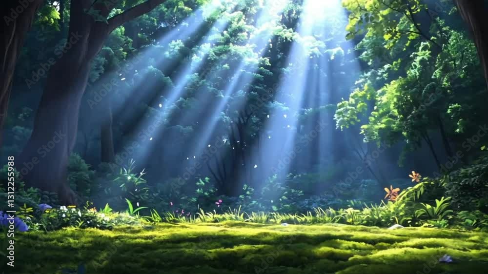Sunlight streams through lush forest floor, magical scene, perfect for backgrounds, posters, greeting cards Sunlight streams through lush forest floor, magical scene, perfect for backgrounds, posters, greeting cards