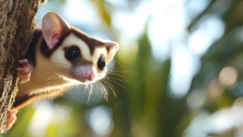 A close-up of a sugar glider perched on a tree, featuring its large eyes and distinct striped fur. Concept Close-up Photography, Sugar Glider, Wildlife Portrait, Tree Habitat, Striped Fur Details A close-up of a sugar glider perched on a tree, featuring its large eyes and distinct striped fur. Concept Close-up Photography, Sugar Glider, Wildlife Portrait, Tree Habitat, Striped Fur Details