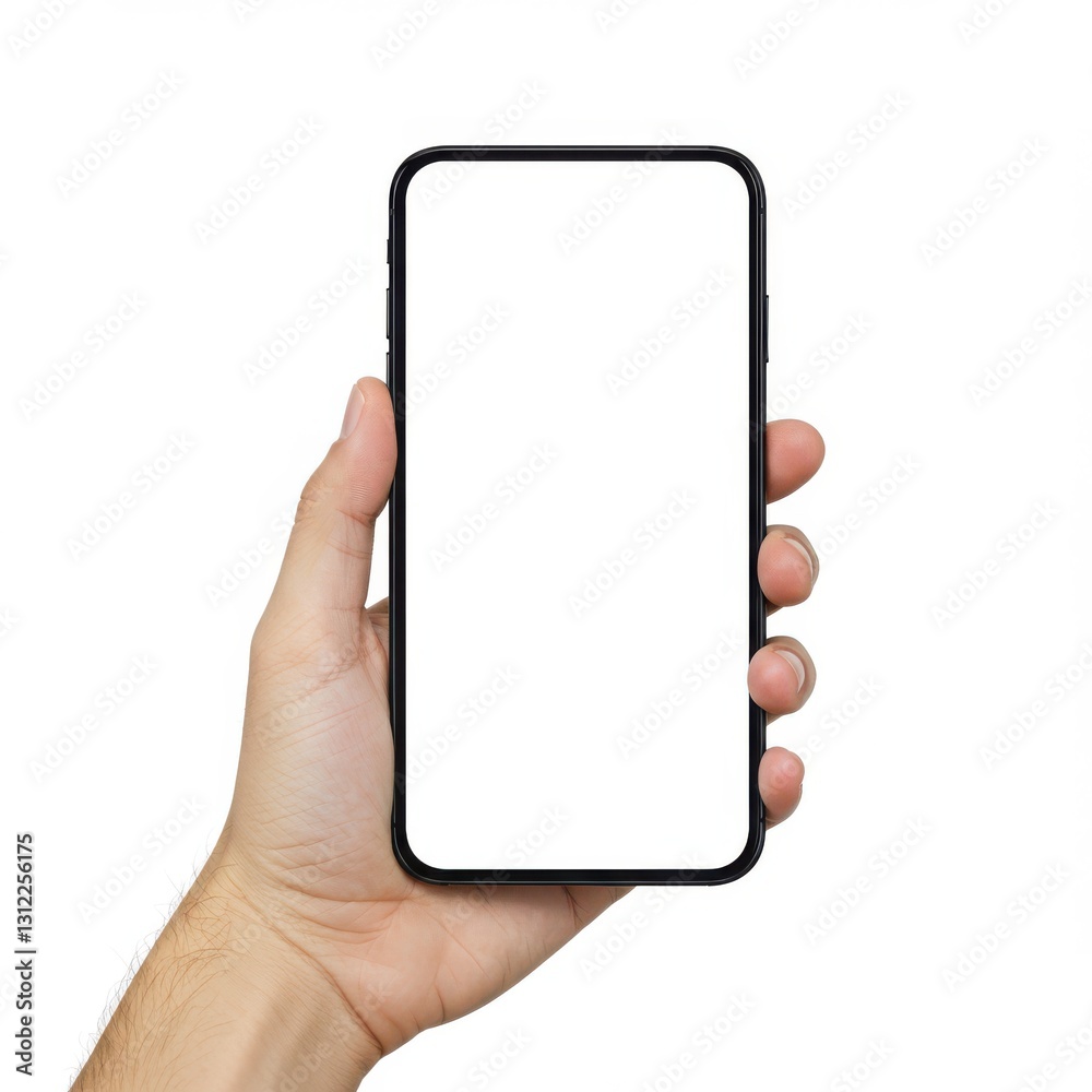 Close-up of a hand holding a smartphone with a blank white screen for a clean and minimalist representation of modern technology and digital lifestyle Close-up of a hand holding a smartphone with a blank white screen for a clean and minimalist representation of modern technology and digital lifestyle