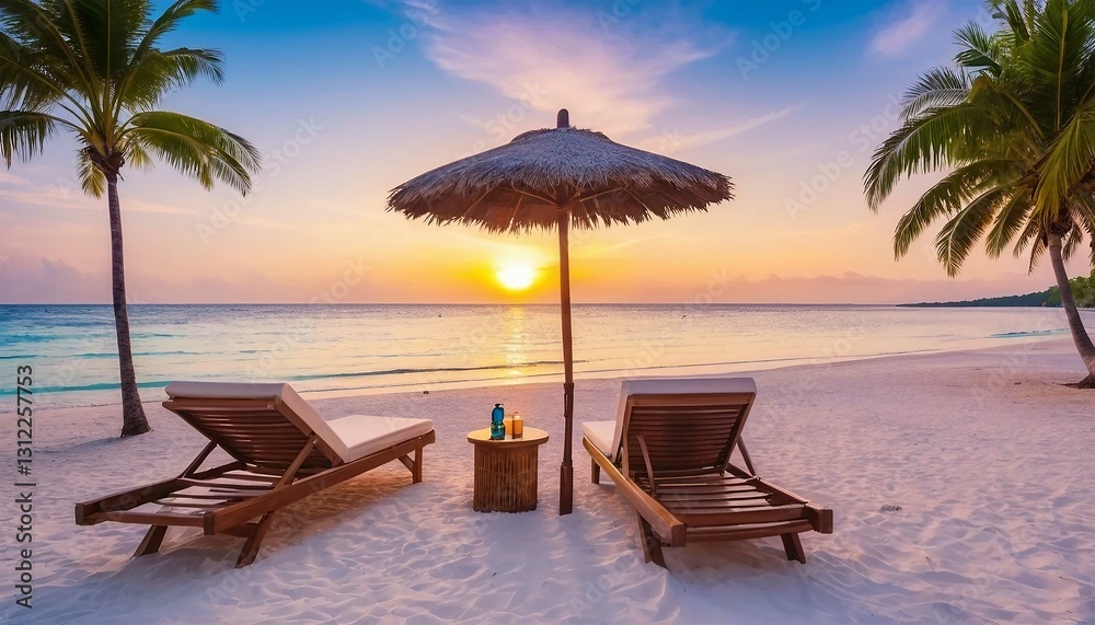 Obraz premium A serene beach scene at sunset, with two wooden lounge chairs facing a small round table in the center. The table holds a bottle of sunscreen and a small towel.
