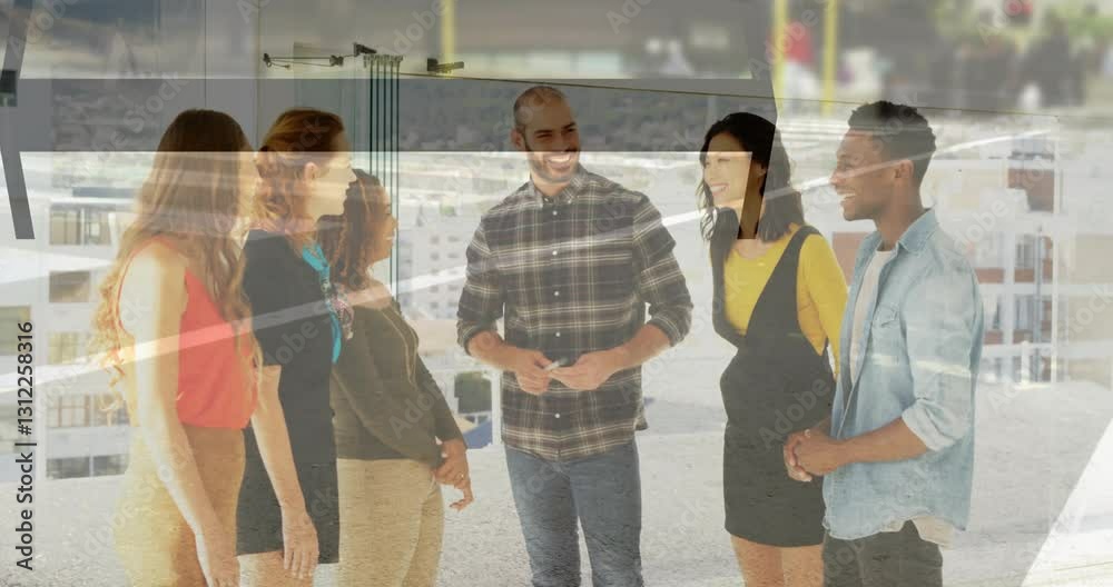 Talking in office, diverse group with cityscape animation overlay in background Talking in office, diverse group with cityscape animation overlay in background