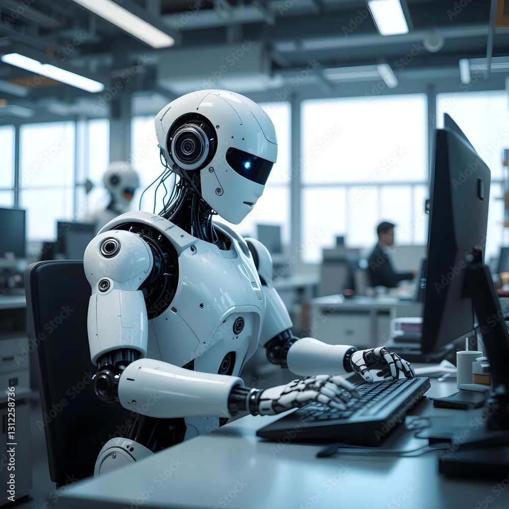 Robot Performs Computer Tasks Typing at Workstation, artificial intelligence
