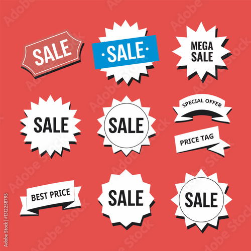 Retro sale stickers, vintage price tags, white and blue badges on red background