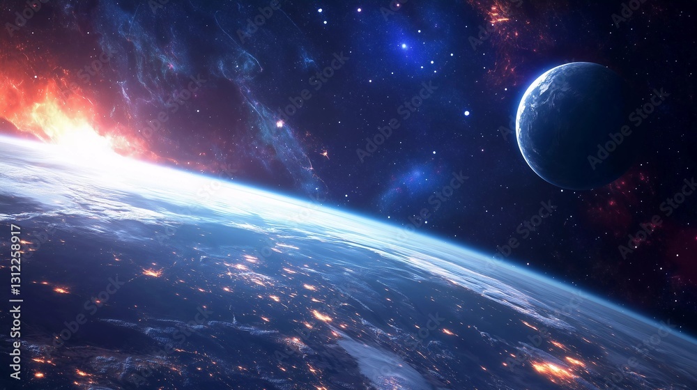 Obraz premium A beautiful view of the Earth and the Moon in the sky. The Earth is lit up with a warm orange glow, and the Moon is shining brightly in the background. The scene is peaceful
