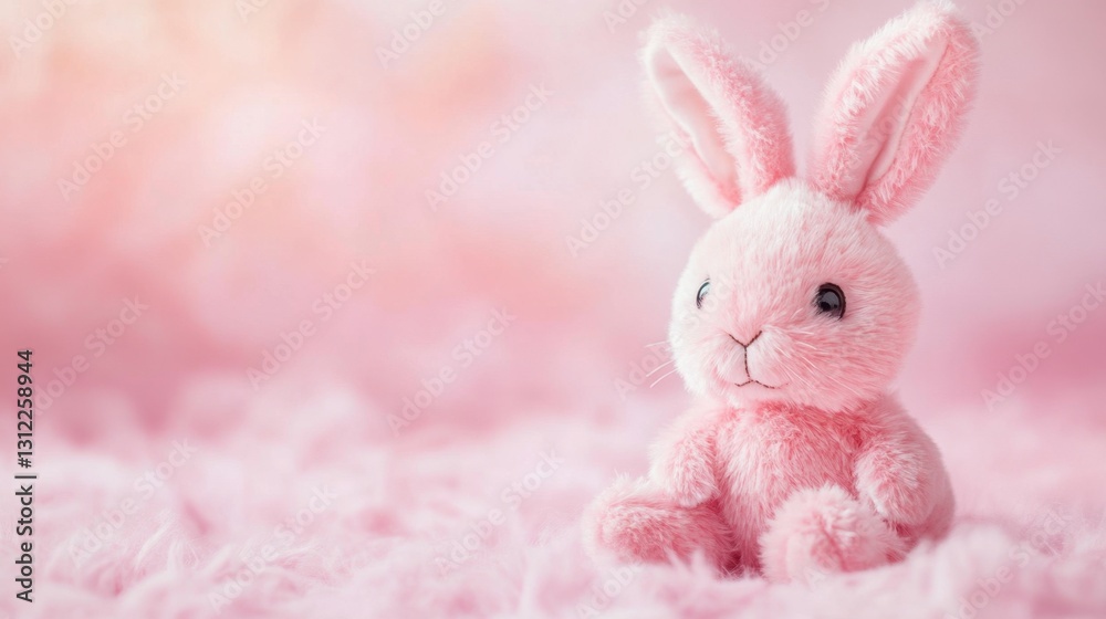 Obraz premium Soft Pink Bunny Toy on Fluffy Pink Background for Baby Decor