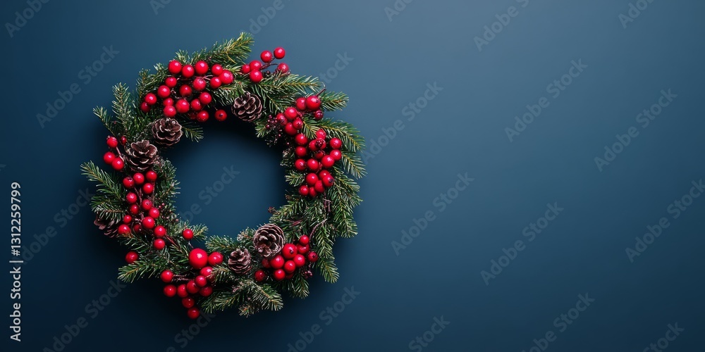 Elegant Christmas wreath adorned with red berries and pine cones on a dark blue backdrop, perfect for festive and holiday-themed designs. Elegant Christmas wreath adorned with red berries and pine cones on a dark blue backdrop, perfect for festive and holiday-themed designs.