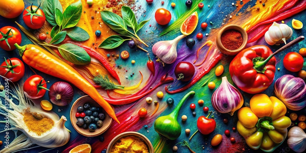 Naklejka premium Abstract Food Art: Vivid Expressionist Still Life, Bold Colors, High Depth of Field