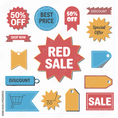 Set of colorful sale labels,  flat design, retail marketing, price reduction graphics