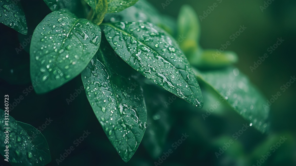 Fototapeta premium Lush green leaves adorned with glistening droplets of water