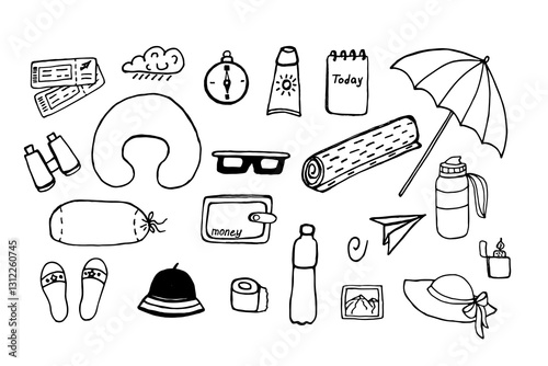 Travel Vacation vector doodle set. Items for living for your camping isolated on white background. Hand drawn drawings with black pen on the theme of travel.