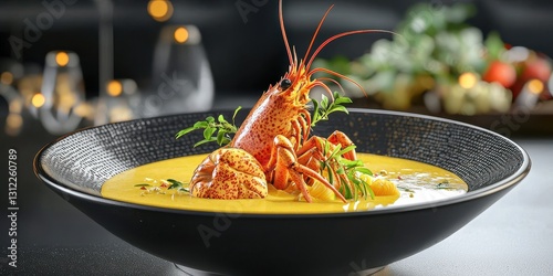 Realistic 3D Icon Cartoon of A Bowl of Gold Leaf Topped Lobster Bisque with Saffron Threads on a Black Porcelain Bowl with a Luxury Fine Dining Background