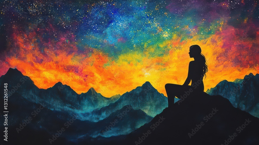 Serene Silhouette Against a Colorful Starry Sky Serene Silhouette Against a Colorful Starry Sky