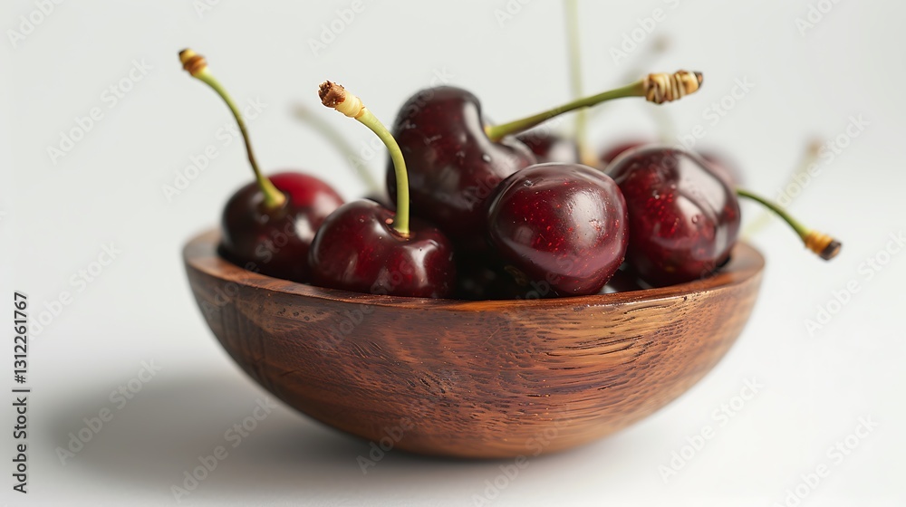 A small wooden bowl of freshly picked cherries, placed on a smooth white surface, 35mm, f22, cinematic, wide angle lens. before A small wooden bowl of freshly picked cherries, placed on a smooth white surface, 35mm, f22, cinematic, wide angle lens. before