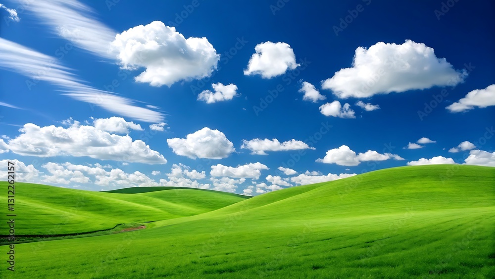 Rolling green hills under a vibrant blue sky with fluffy white clouds. Rolling green hills under a vibrant blue sky with fluffy white clouds.
