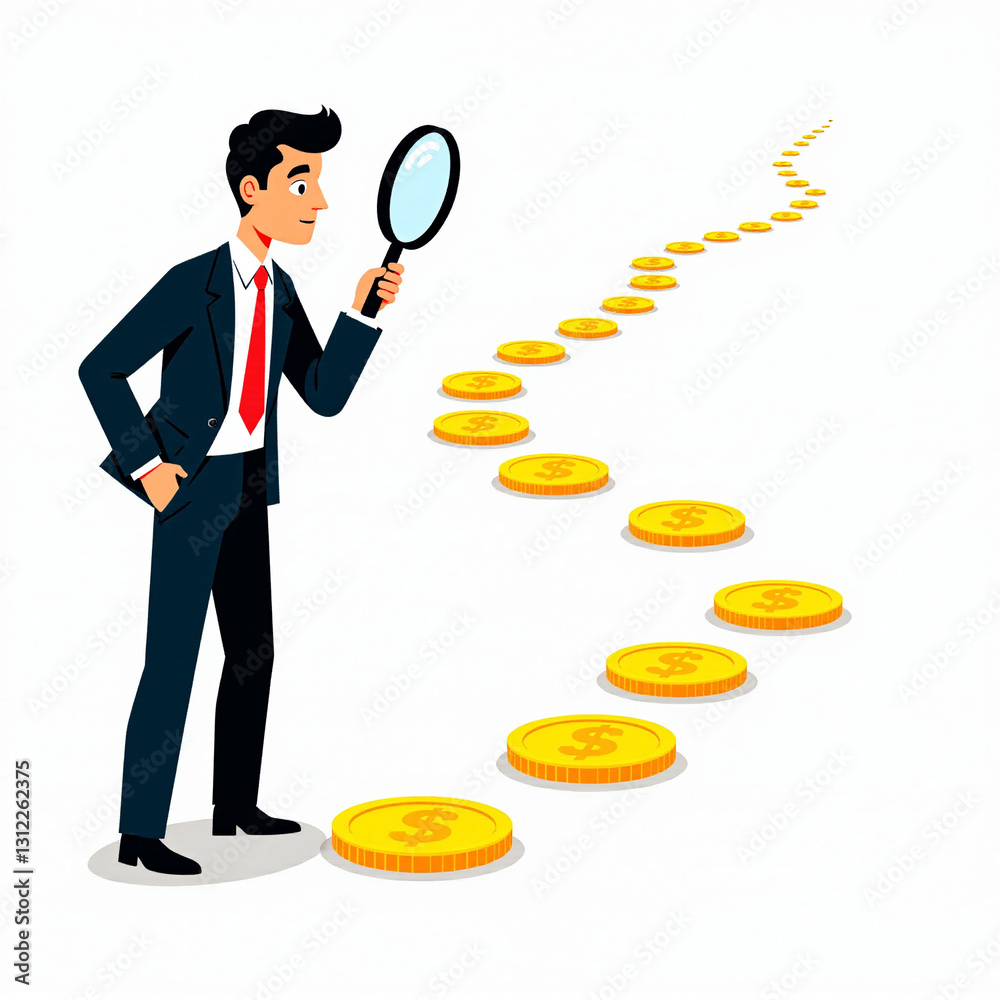 Exploring business opportunities and money-making paths, businessman using a magnifying glass to trace a trail of gold coins. Exploring business opportunities and money-making paths, businessman using a magnifying glass to trace a trail of gold coins.