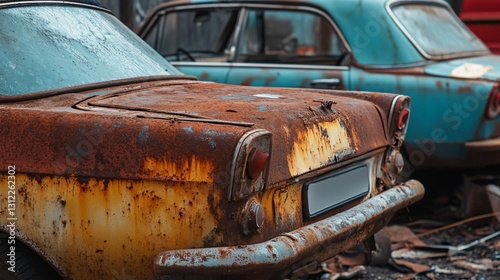 Rusty corroded cars in scrapyard