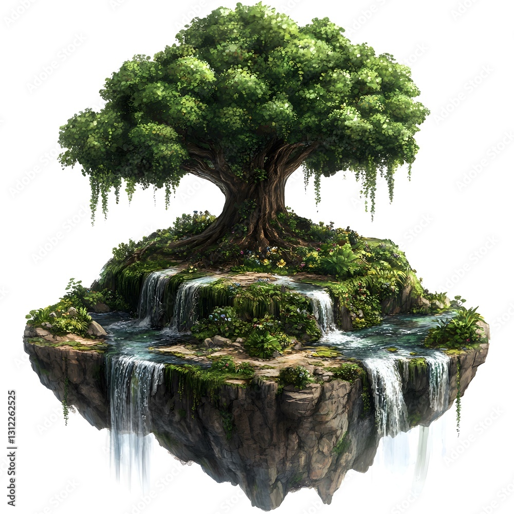 Fototapeta premium Lush Green Tree on a Floating Island with Cascading Waterfalls
