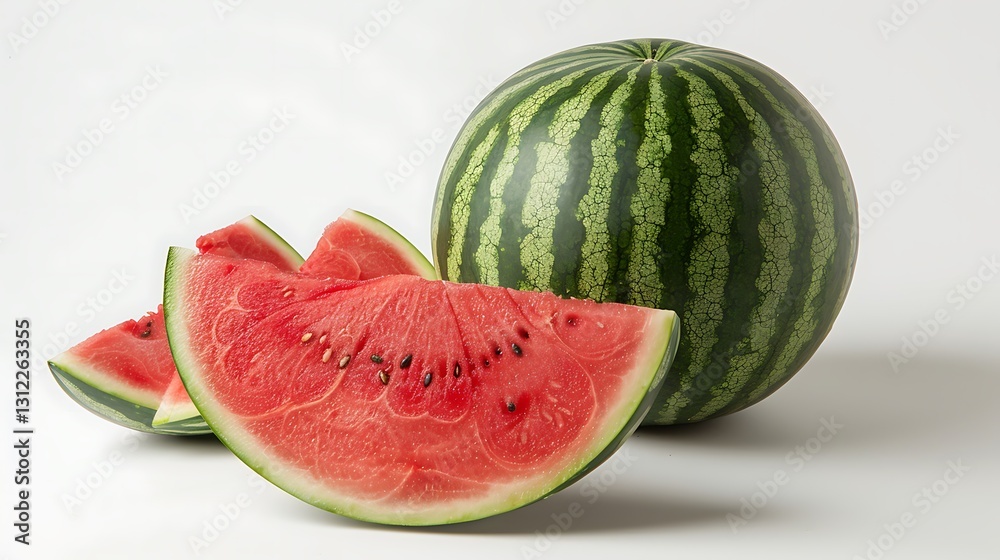 A whole watermelon with a small portion sliced, lying on a white surface, 35mm, f22, cinematic, wide angle lens. before A whole watermelon with a small portion sliced, lying on a white surface, 35mm, f22, cinematic, wide angle lens. before