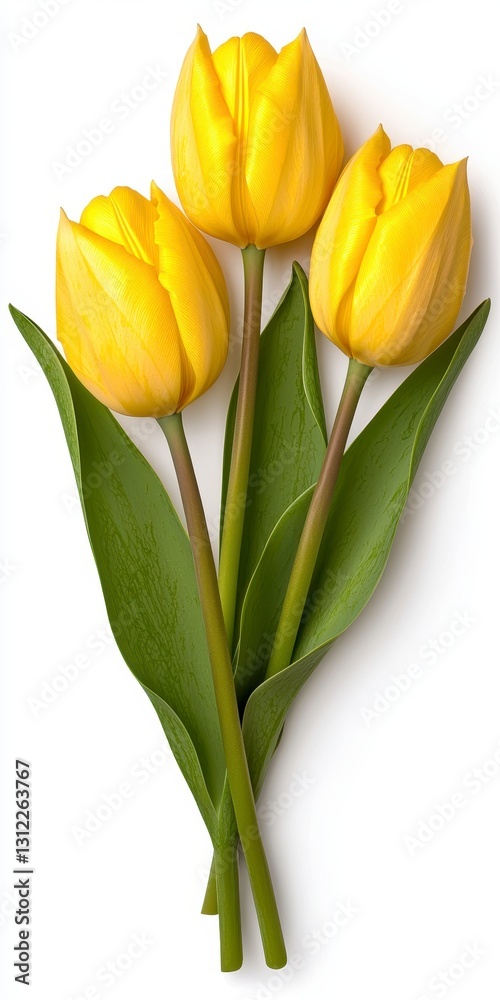 Beautiful trio of golden yellow tulips with lush petals arranged against a clean white background for floral elegance Beautiful trio of golden yellow tulips with lush petals arranged against a clean white background for floral elegance
