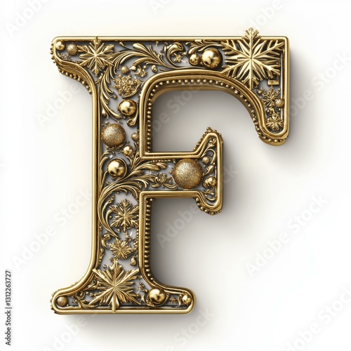 Ornate Gold Letter F with Floral and Snowflake Design