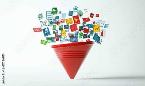 Data funneling into red cone, information flow concept