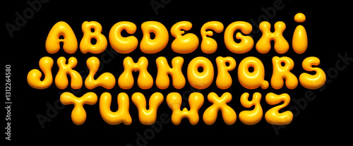 Yellow bubble font. Glossy liquid 3D alphabet with shiny effect, for kids' designs, party invitations, and creative typography. Vector set