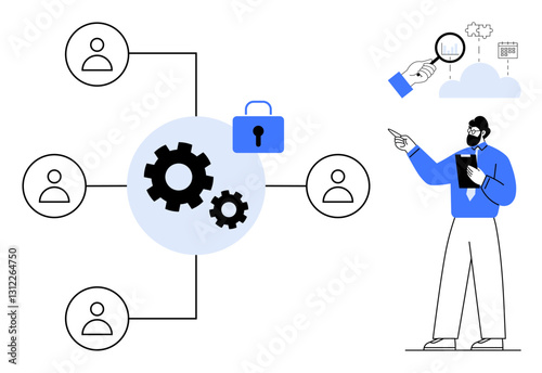 Connected team network with central gear mechanism and secure lock. Professional analyzing data via magnifier. Ideal for cybersecurity, teamwork, analytics, tech innovation, collaboration, strategy