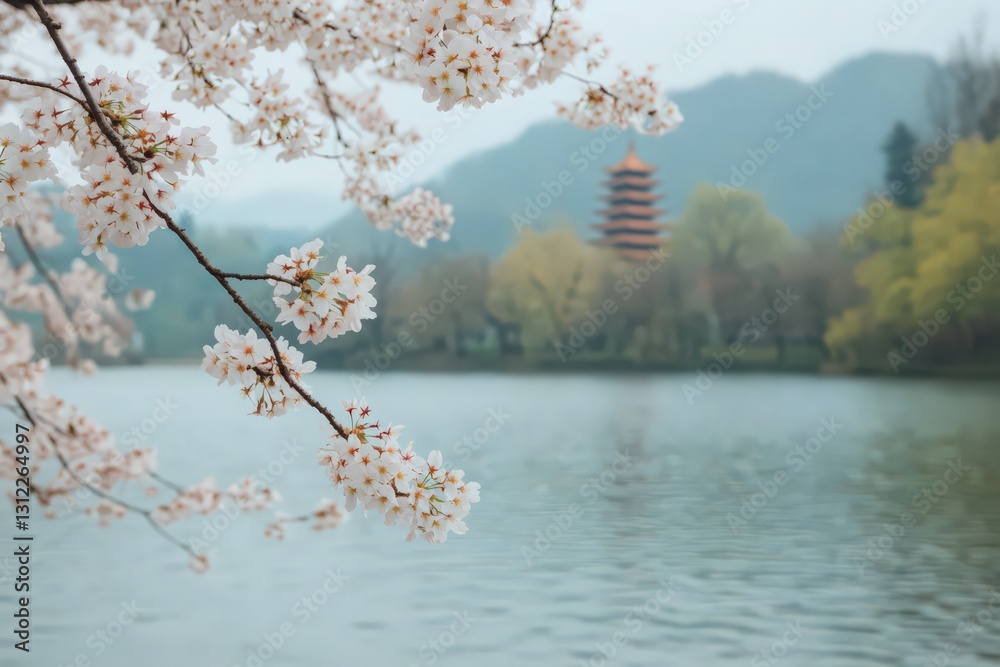 Misty Lake Springtime Scene with Cherry Blossoms and Pagoda Misty Lake Springtime Scene with Cherry Blossoms and Pagoda