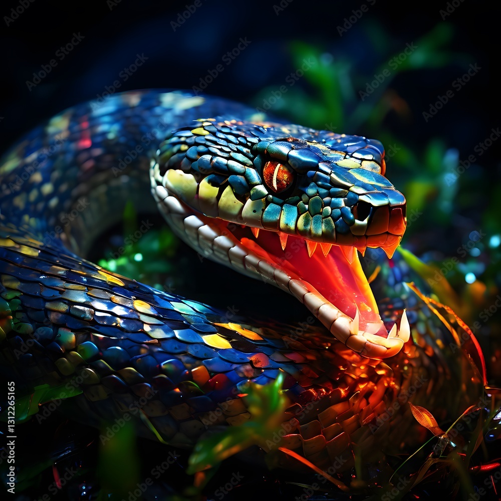 Fototapeta premium The vibrant and mesmerizing image depicts a snake coiled in a lush, dark forest setting, illuminated by a fiery, otherworldly glow.