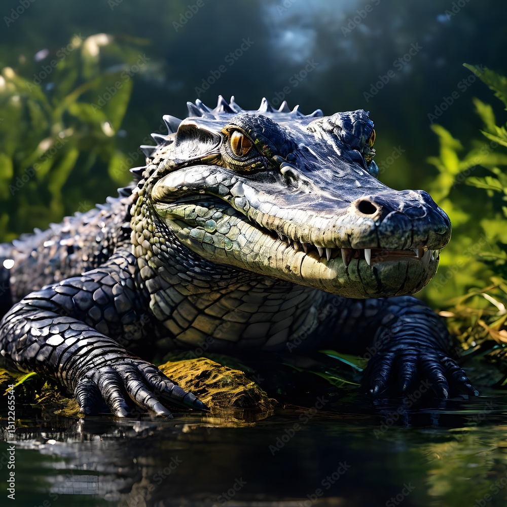 Fototapeta premium A close-up of a crocodile with detailed texture and vibrant colors against a natural, lush green background.