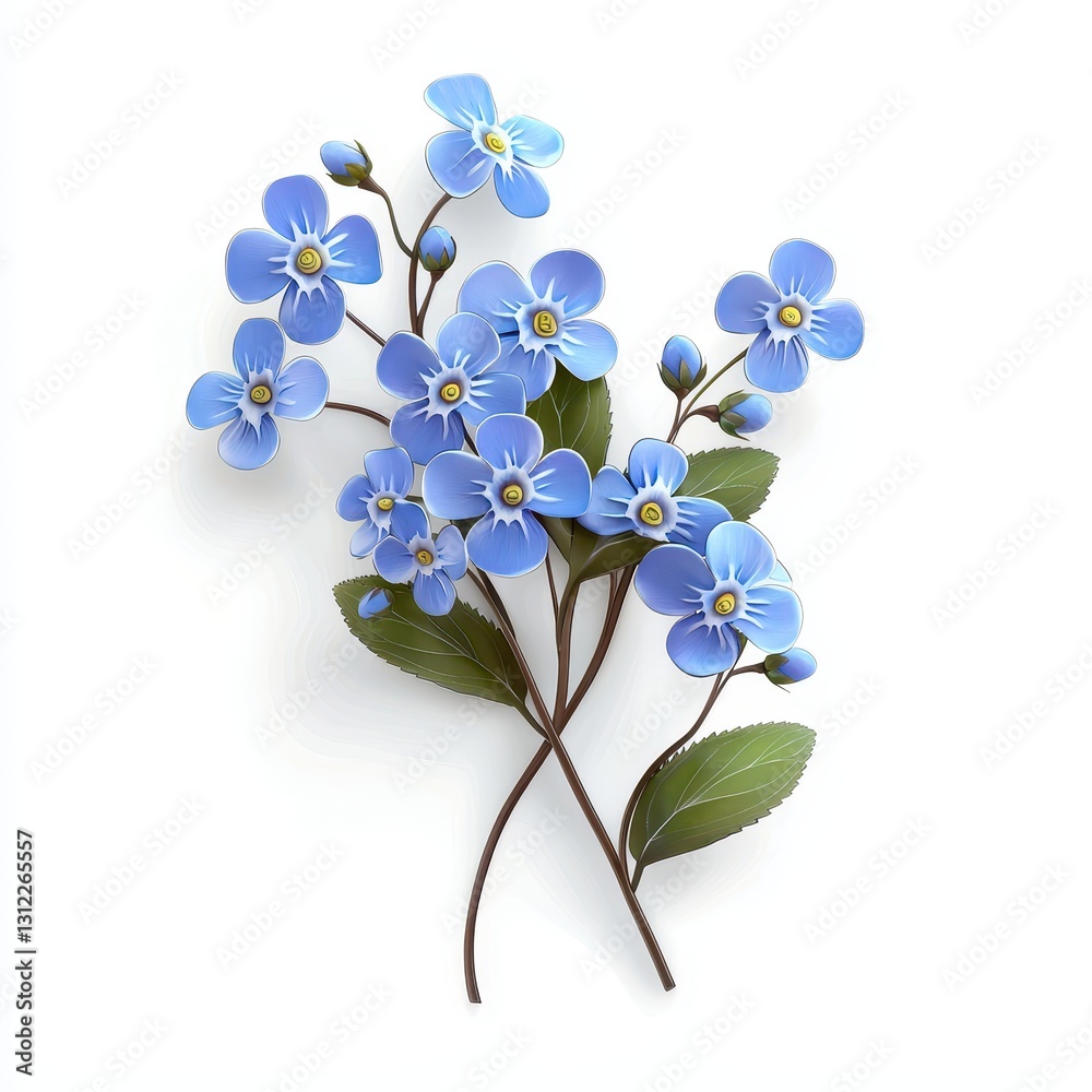 Fototapeta premium Realistic 3D Icon Cartoon of a Cluster of Delicate Forget-Me-Not Flowers isolated on clear white background