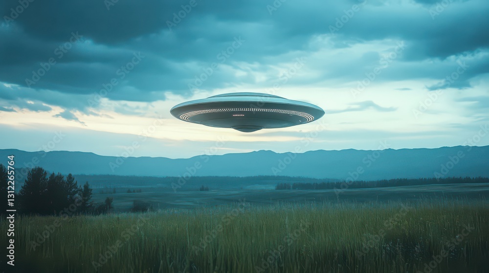 Mysterious UFO Above a Serene Landscape Mysterious UFO Above a Serene Landscape