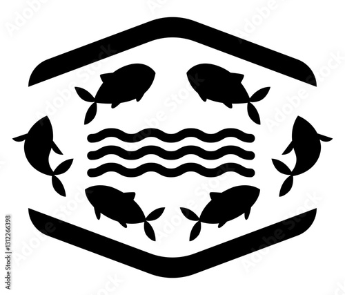 icon representing fish preservation with water waves and a protective enclosure.