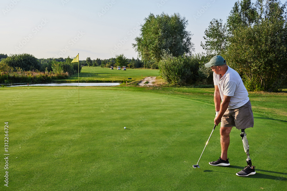Fototapeta premium A golfer with a prosthetic leg prepares to putt on the green amidst the lush landscape and clear blue skies at the golf course