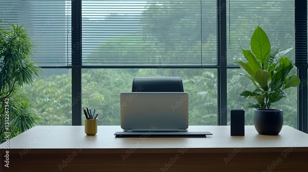 Fototapeta premium Modern Minimalist Office Workspace with Green Plants and City View