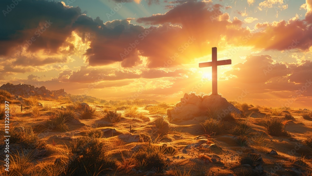 Fototapeta premium Sunset over a desert landscape with a cross, symbolizing faith and spirituality.