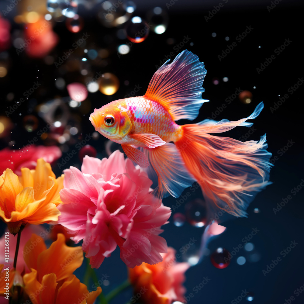 Graceful goldfish swimming among vibrant underwater flowers in an aquarium