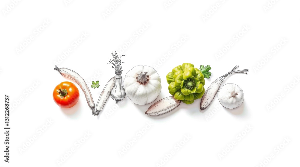 Creative composition of vegetables with a mix of realistic colors and hand-drawn elements on a white background