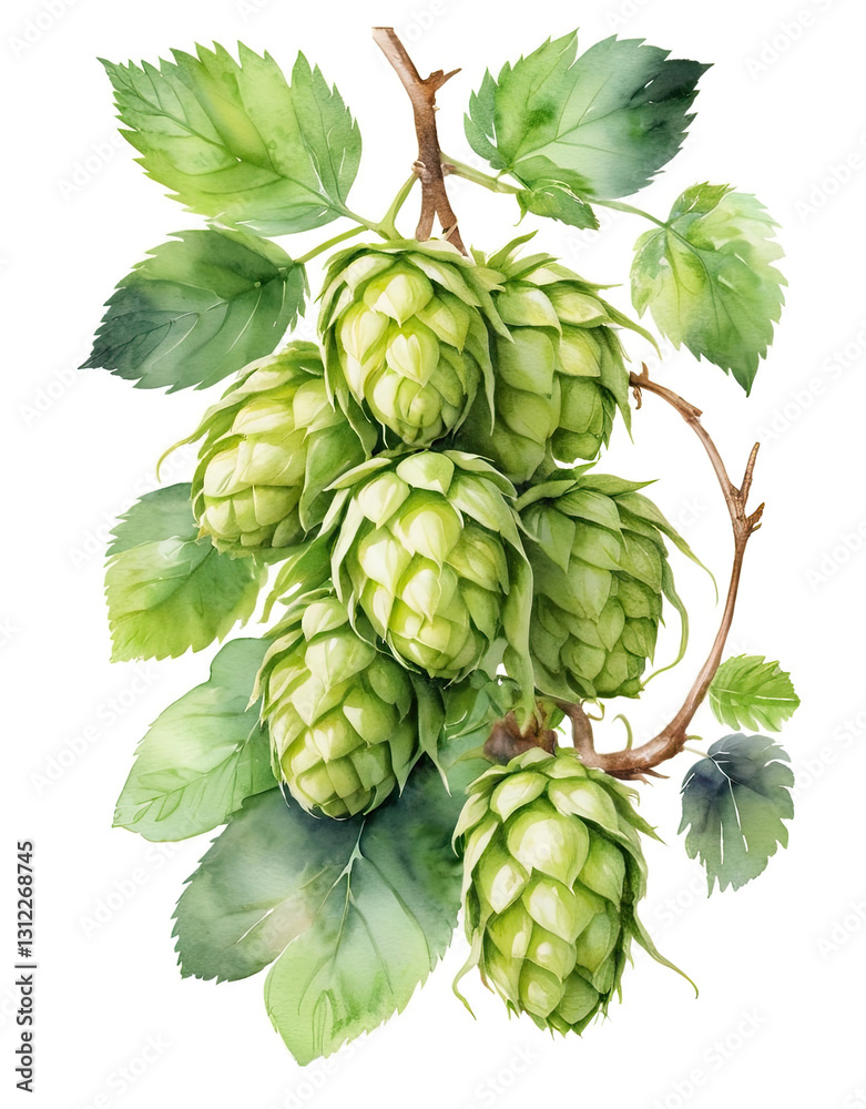 cluster of fresh hops with green leaves, commonly used in brewing beer