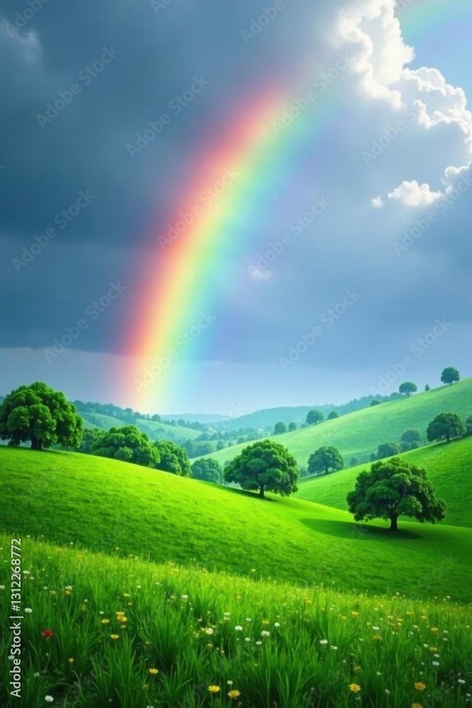 Obraz premium Serene rainbow arc above rolling green hills, idyllic park , sky, peaceful, tranquil