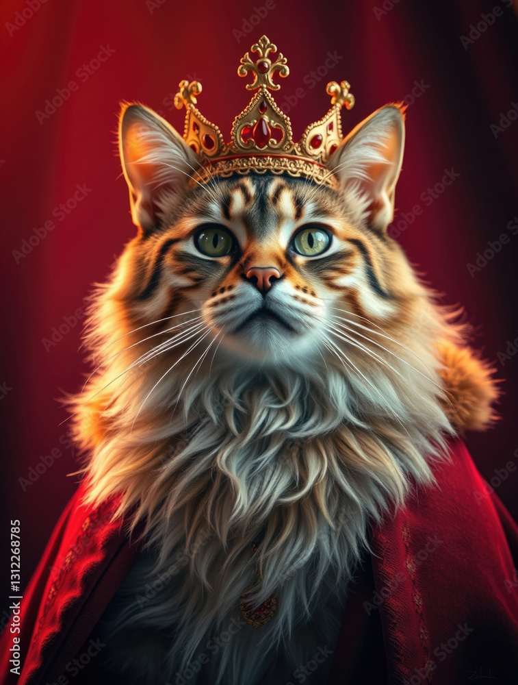 Majestic cat wearing a golden crown and royal attire, symbolizing nobility and elegance