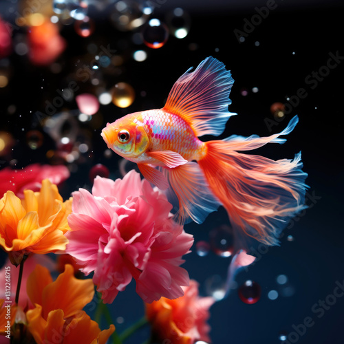 Graceful goldfish swimming among vibrant underwater flowers in an aquarium