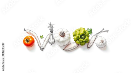 Obraz na płótnie Creative composition of vegetables with a mix of realistic colors and hand-drawn elements on a white background w salonie